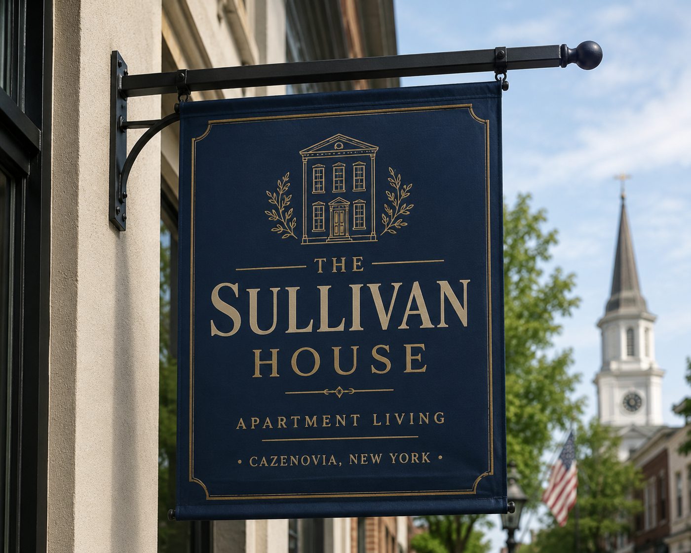 The Sullivan House hanging sign in navy and gold, Cazenovia, New York
